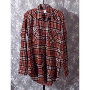 Vintage Western Shirt 80s Flannel Pearl Snap Wrangler Plaid Retro Size Large